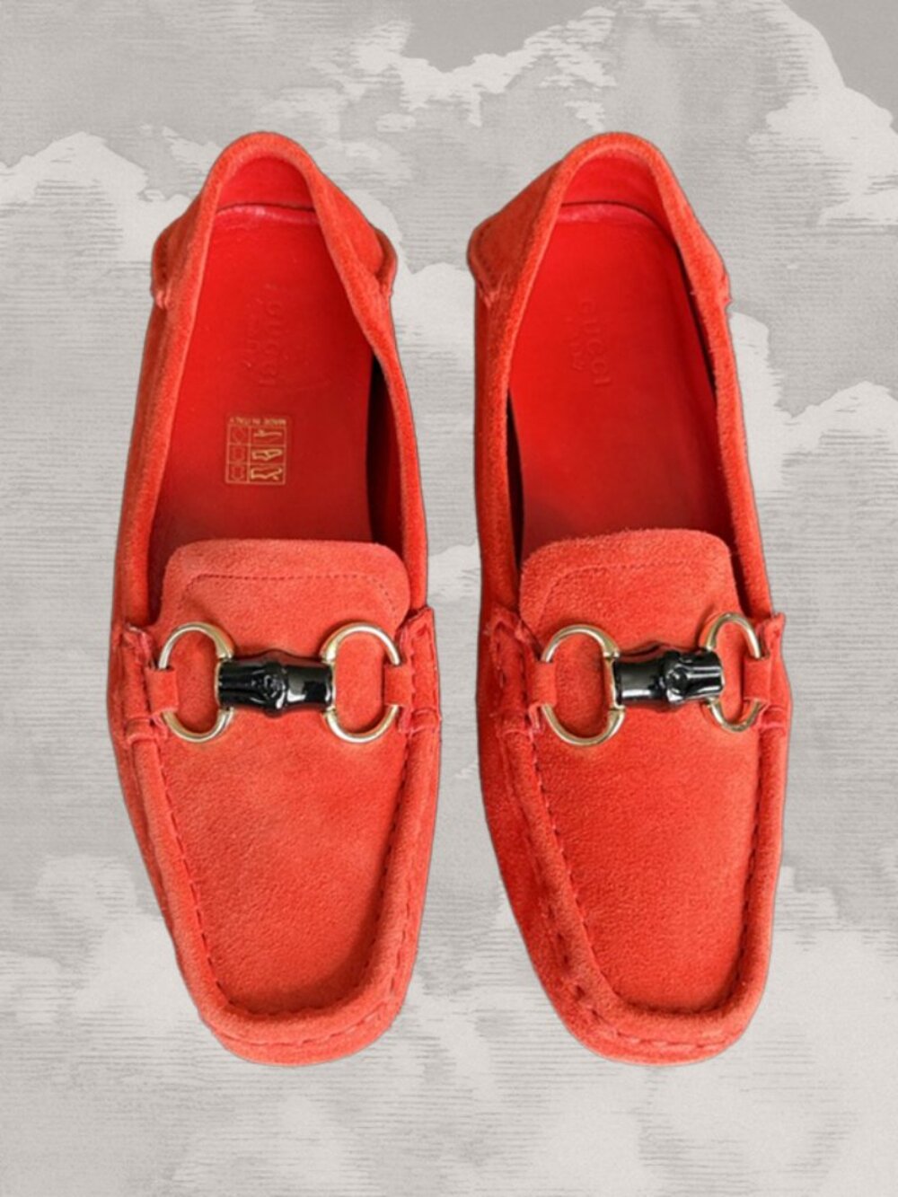 GUCCI Red Suede Bamboo Horsebit Loafers Driving Moccasins Shoes